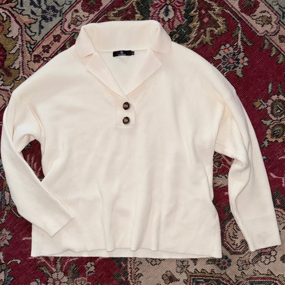 Lillusory Ribbed Knit V-Neck Collared Sweater Cream XL Oversized Polo Pullover